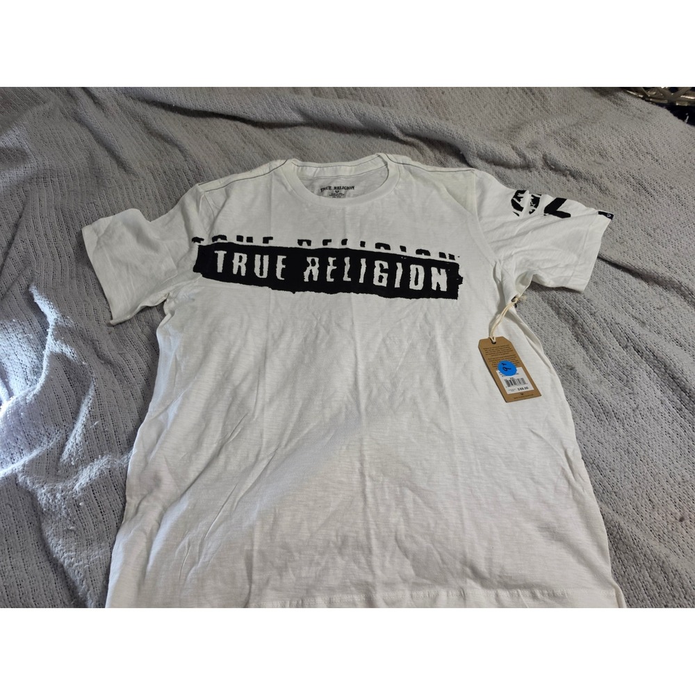 True Religion Mens Graphic Logo T-Shirt White Black 2XL Short Sleeve Slub Cotton